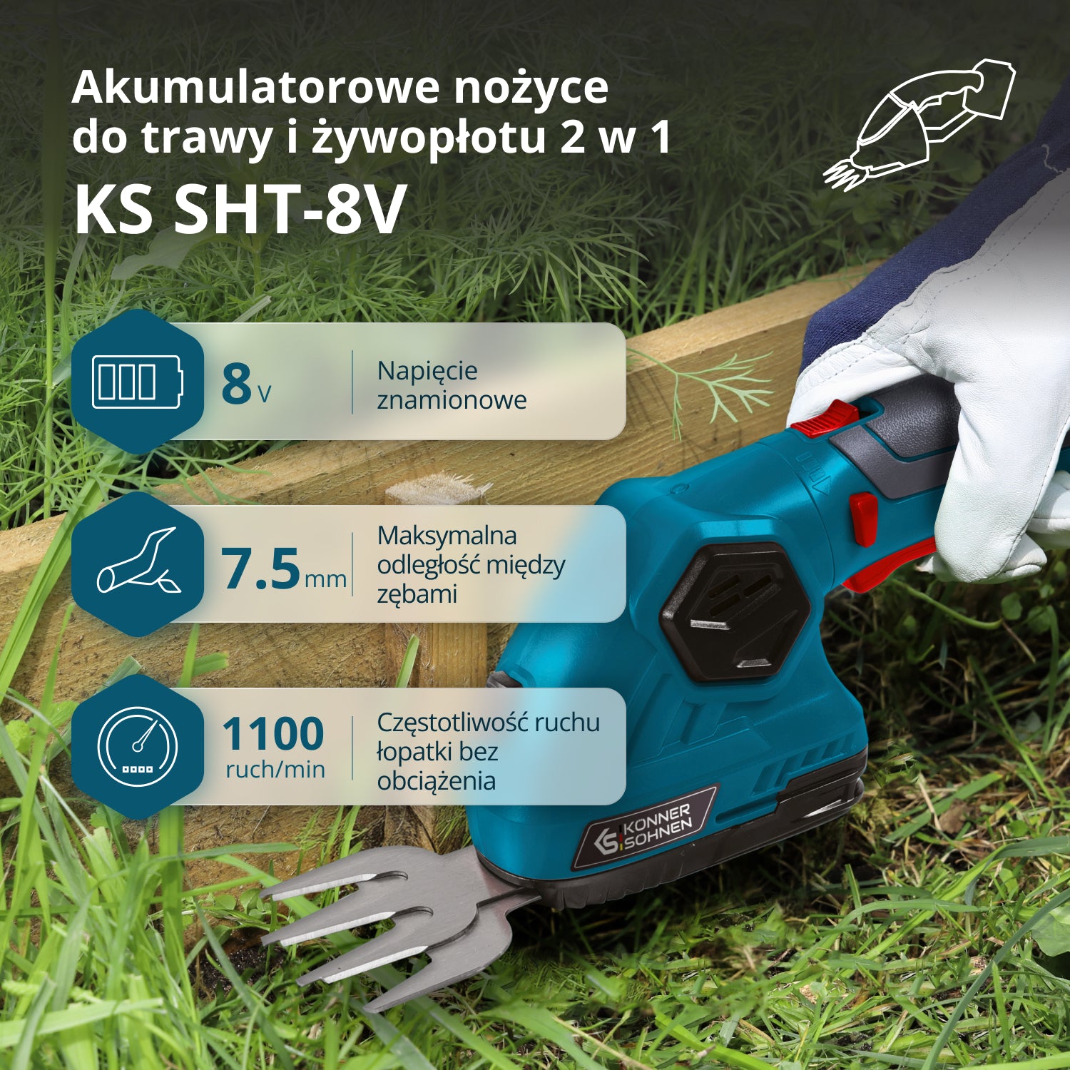 Akumulatorowe nożyce do trawy i żywopłotu 2 w 1 z przedłużaczem teleskopowym KS SHT-8V + Extension Pole