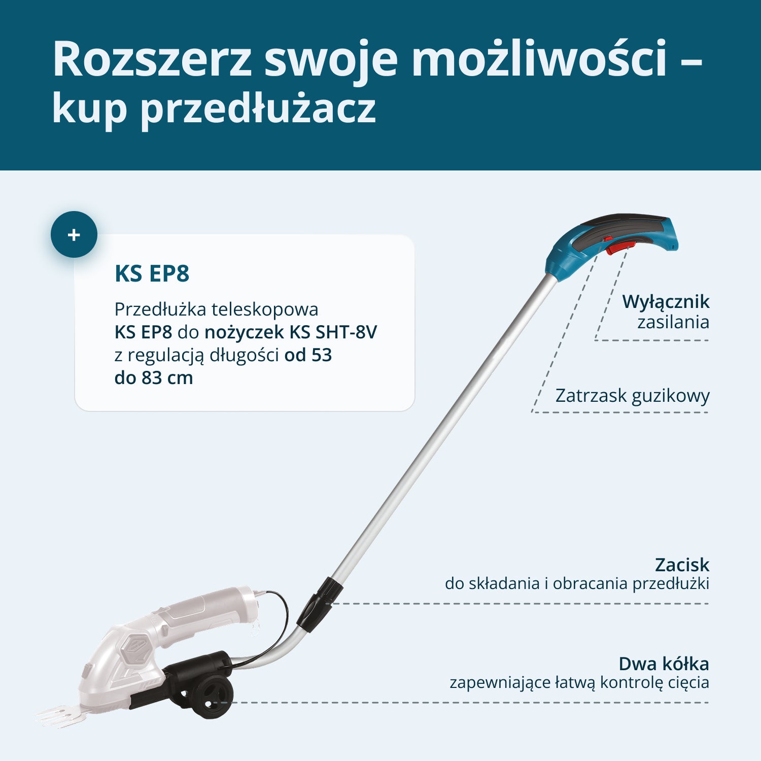 Akumulatorowe nożyce do trawy i żywopłotu 2 w 1 z przedłużaczem teleskopowym KS SHT-8V + Extension Pole